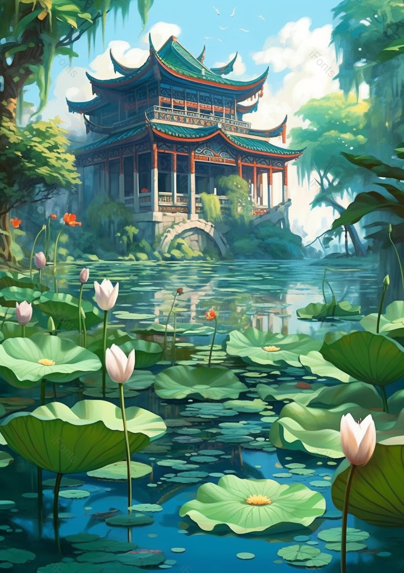 绿色杭州西湖荷塘清新插画背景,插画/手绘图,插画/手绘图库,插画/手绘图下载,插画/手绘